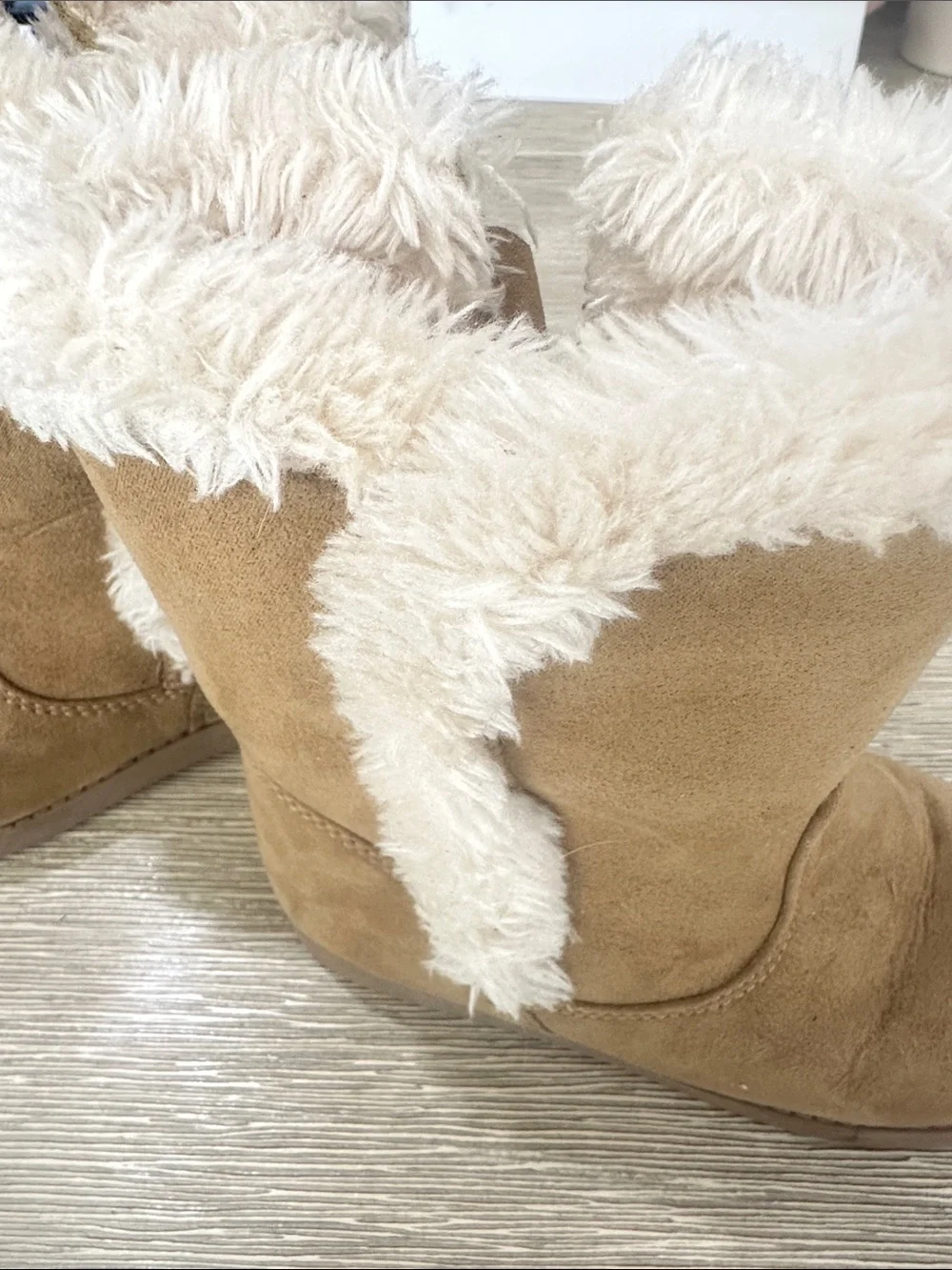 Kids Faux Ugg Winter Boots with inside zipper Trim - Tan